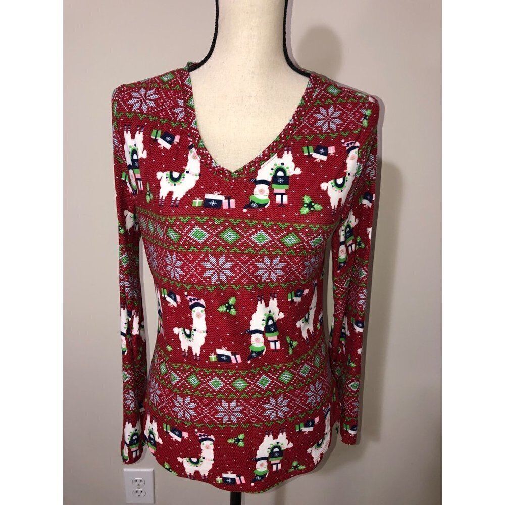Christmas Llamas Knit Top Juniors Size L Long Sleeve Soft Stretchy Holiday